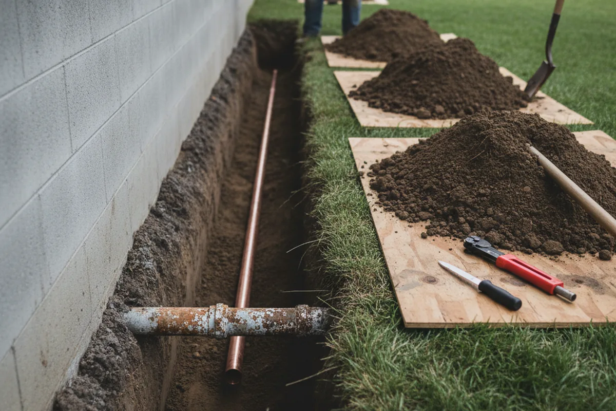 Excavated water line trench during Water Heater Repair in Loreauville